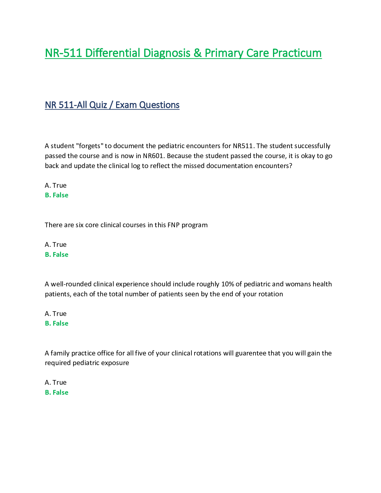 Preview of NR511 / NR 511 All Quiz / Exam Q & A  : Differential Diagnosis & Primary Care Practicum -
